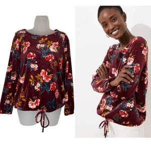 LOFT Size XS / S Burgundy Floral Velour Drawstring Hem Long Sleeve‎ Top NWT